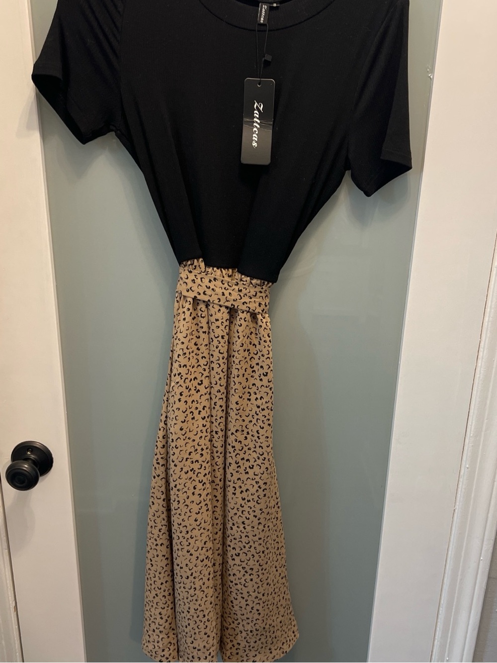 Zulucaa Two-Tone Midi Dress - Black Top with Tan Leopard Skirt